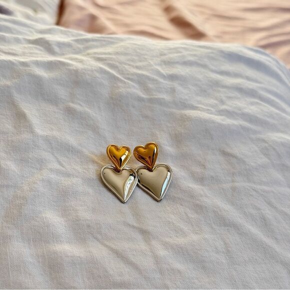 Puffed Double Hearts Gold/Silver Valentine's Earrings OS - Picture 3 of 8